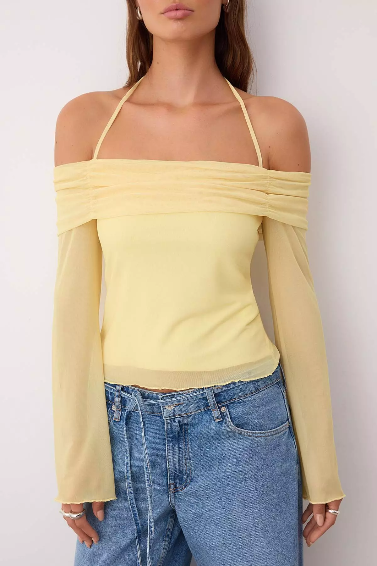 Light Yellow Flare Sleeve Tie Detail Knitted Madonna Collar Blouse Twoss24Bz00046