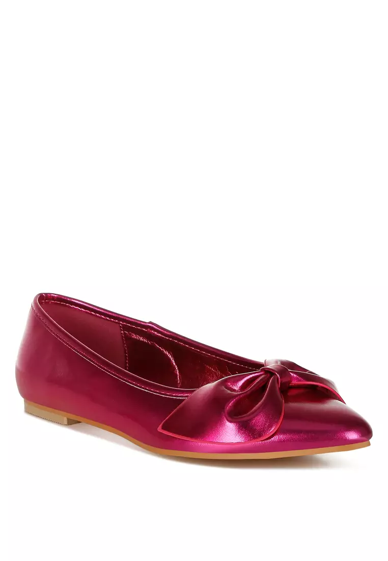 Metallic Pleather Bow Ballerinas in Fuchsia