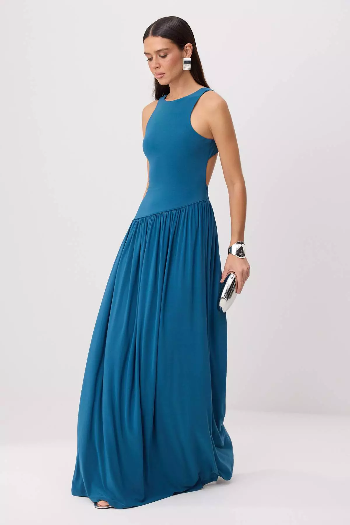 Petrol Halter Neck A-Line/ Bell Form Maxi Dress Tprss26El00229