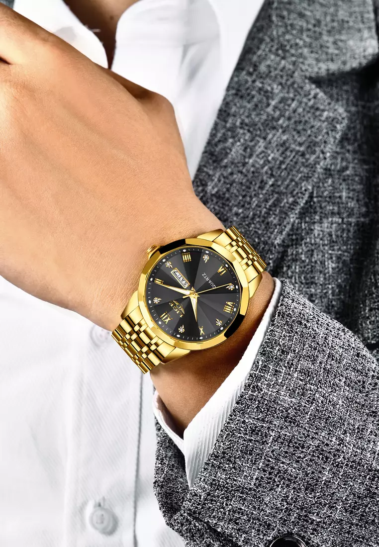 Unisex IP Gold Stainless Steel Quartz Watch, Black Dial, Day/Date, Stainless Steel Bracelet