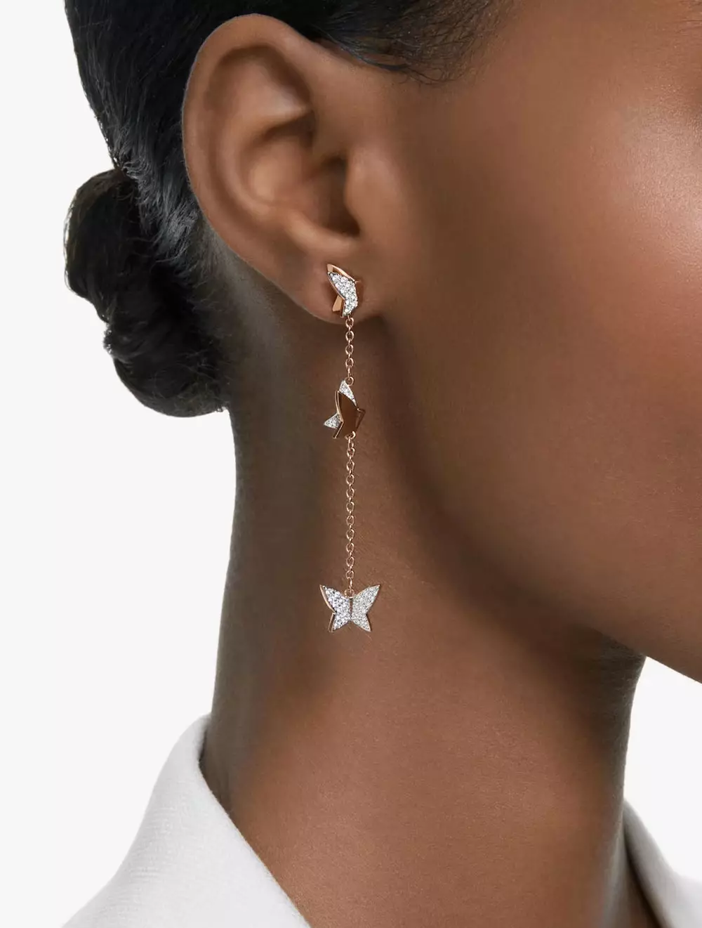 Lilia Drop Earrings, Butterfly, Long, White, Rose Gold-Tone Plated - White