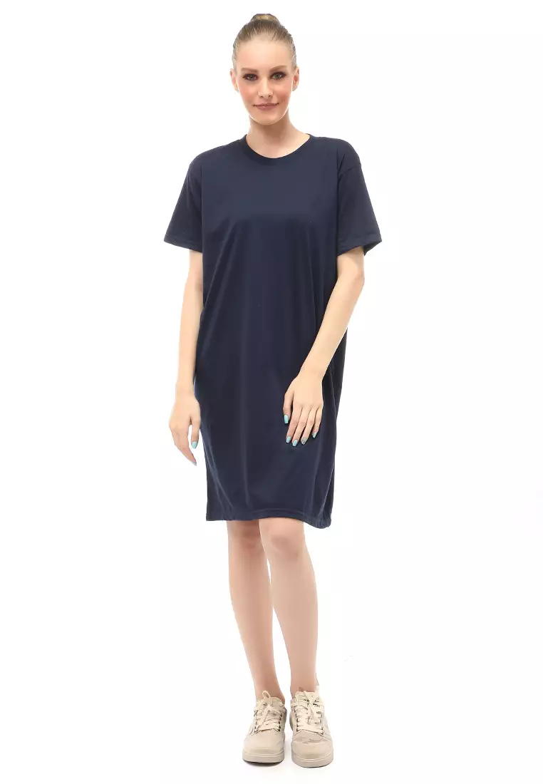 Finch Midi Dress Wanita Short Sleeves Motif Polos - Navy