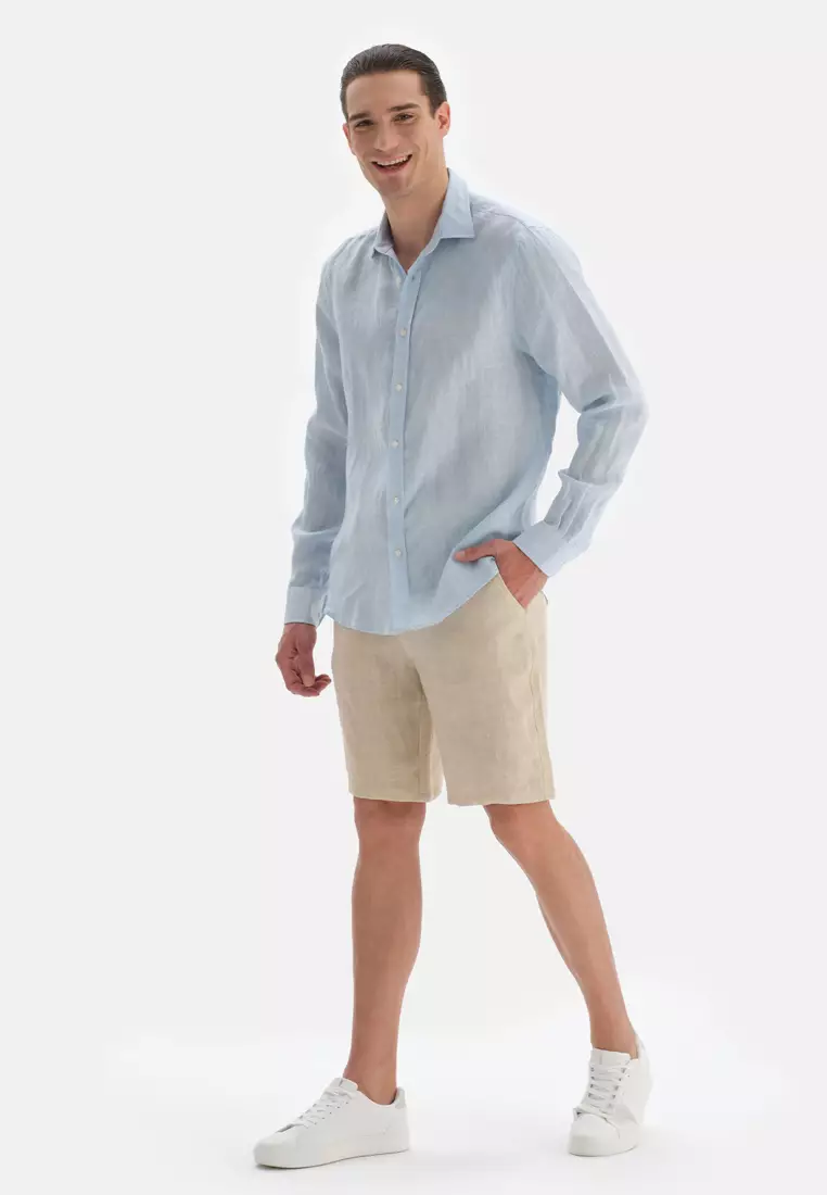 Light Blue Shirts, Shirt Collar, Long Sleeve Beachwear for Men