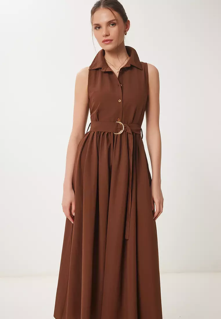 Women's Brown Belted Poplin Midi Shirt Dress Ub00354