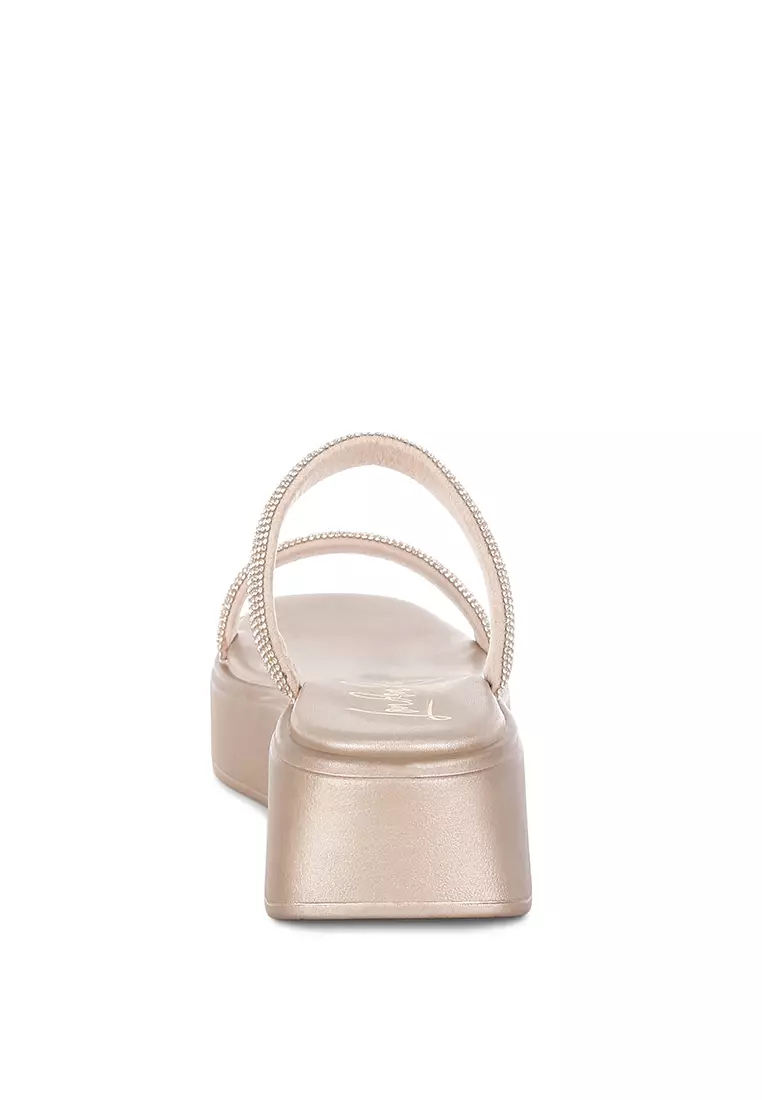 Sandal Platform Berhias Berlian Imitasi Tebal Warna Emas Mawar