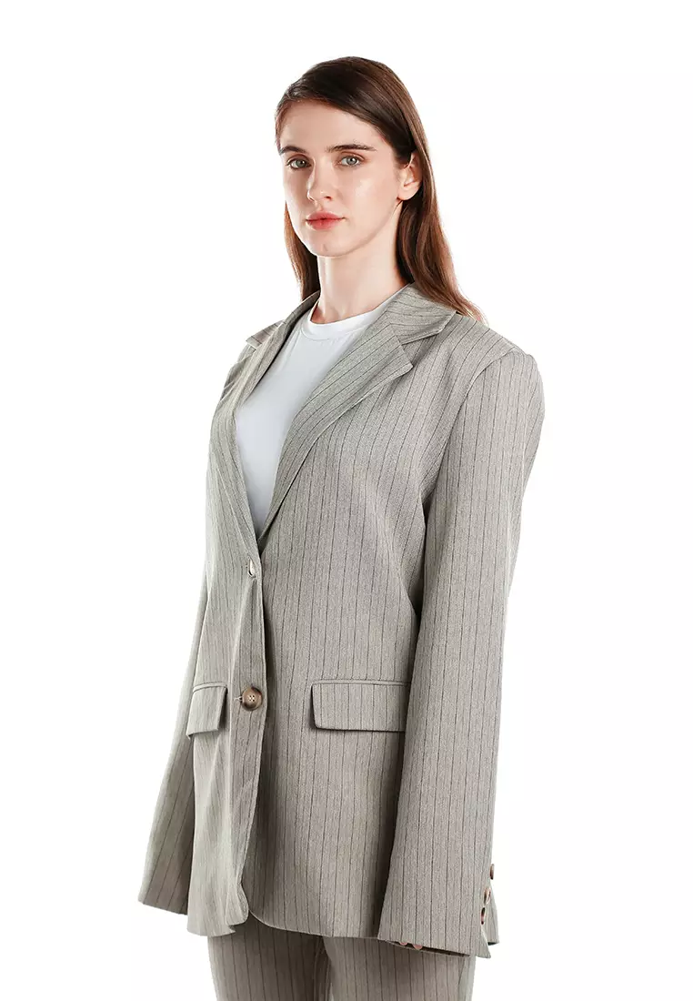 Blazer Besar Berstruktur Herringbone Warna Taupe