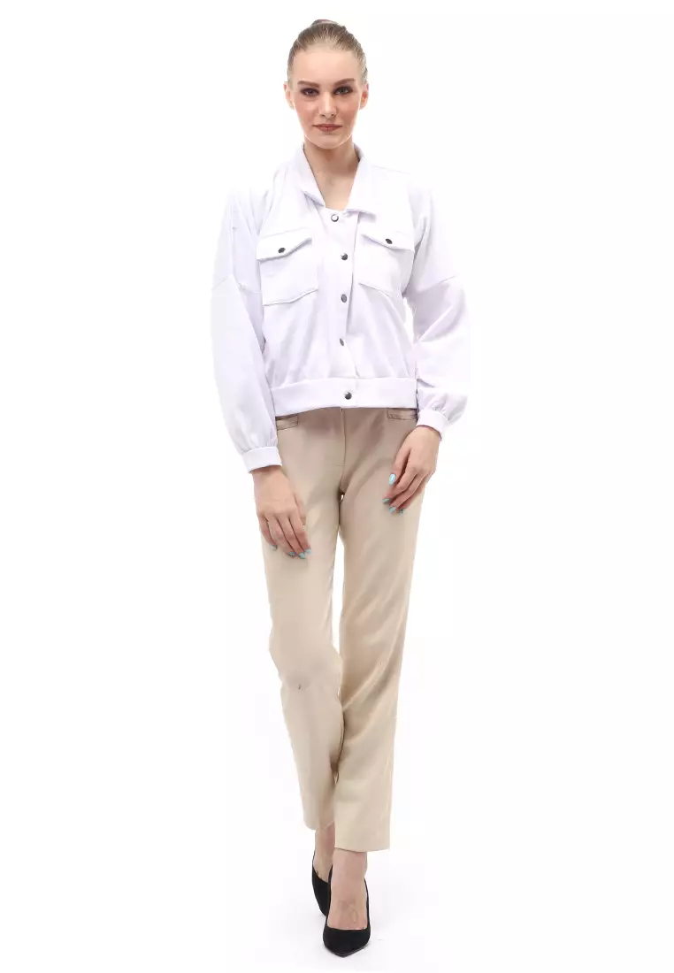 Fadey Jaket Long Sleeves Outerwear Wanita Lengan Balon Regular Fit - Putih