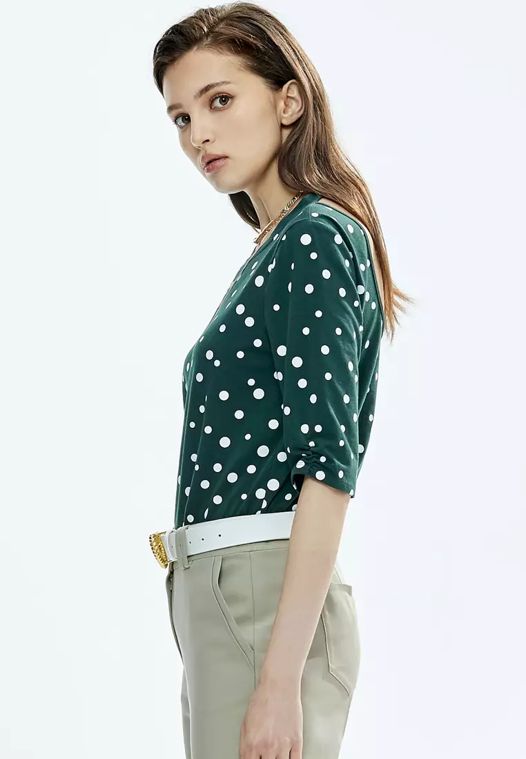 White Dotted Print Green Top