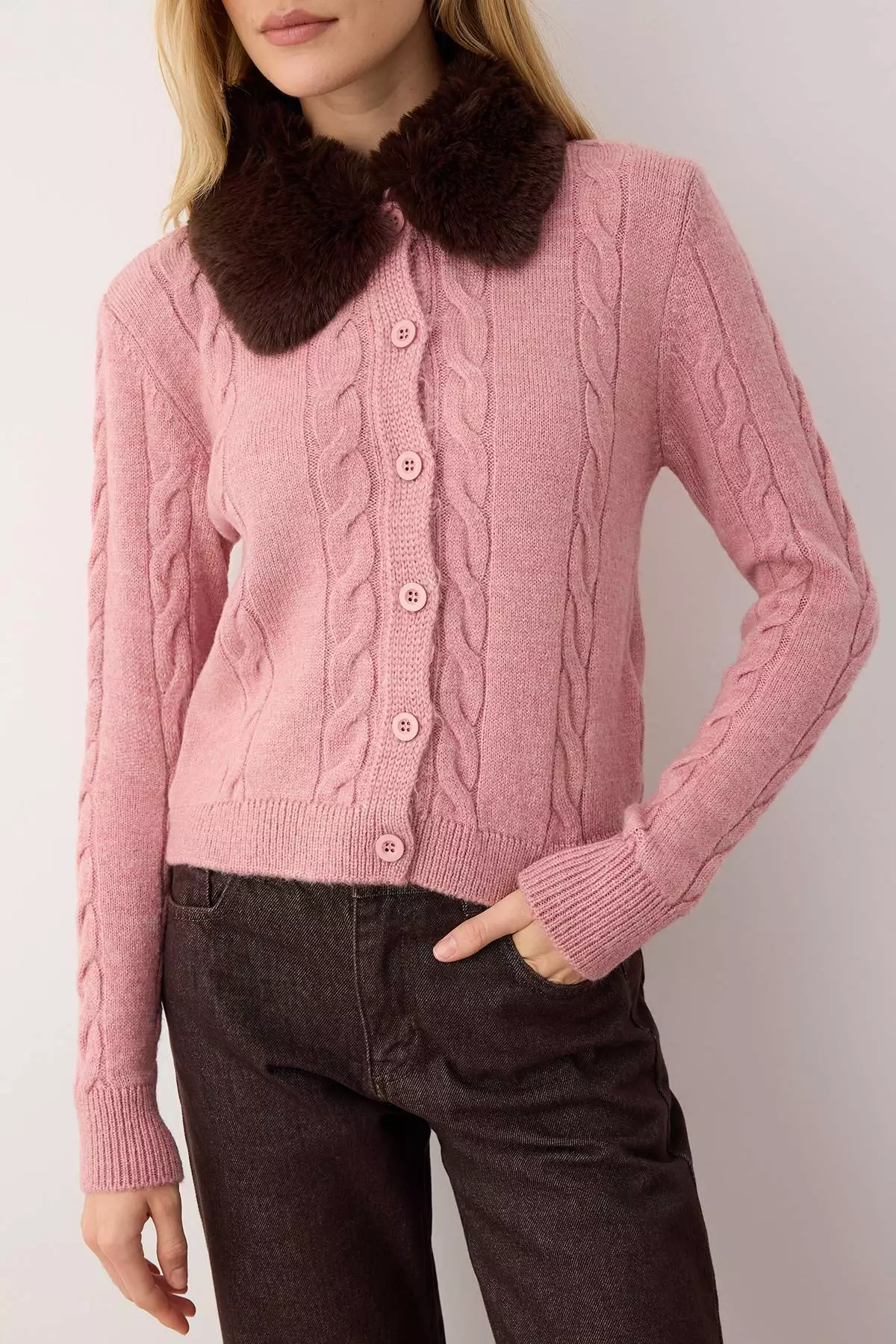 Pink Crop Fur Detailed Fitted/Full Body Knit Cardigan