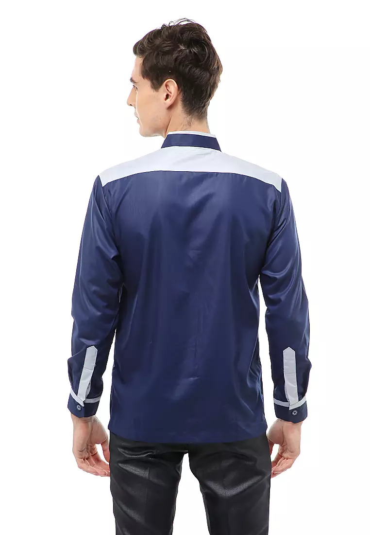 Dwan Atasan Formal Pria Kemeja Koko Beam Motive Long Sleeve Material Cotton ORIGINAL- Navy