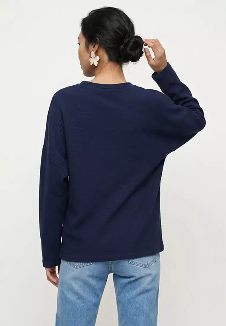 Women's Midnight Blue Crew Neck Batwing Sleeve Wide Cut Basic Blouse Alc-X14391