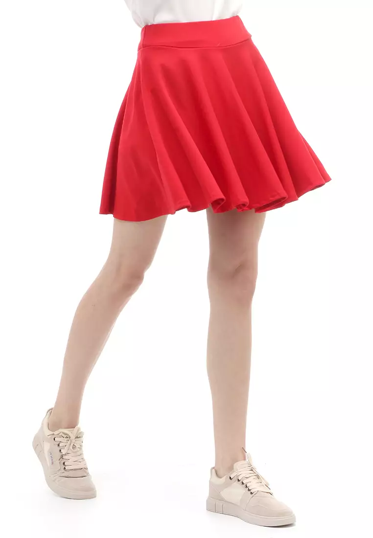 Rok Midi Bawahan Wanita Motif Solid Casual Relaxed Fit - Red