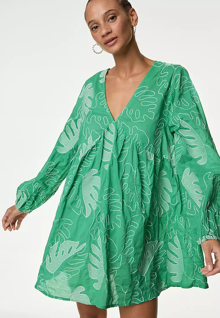 Pure Cotton Embroidered V-Neck Mini Beach Dress