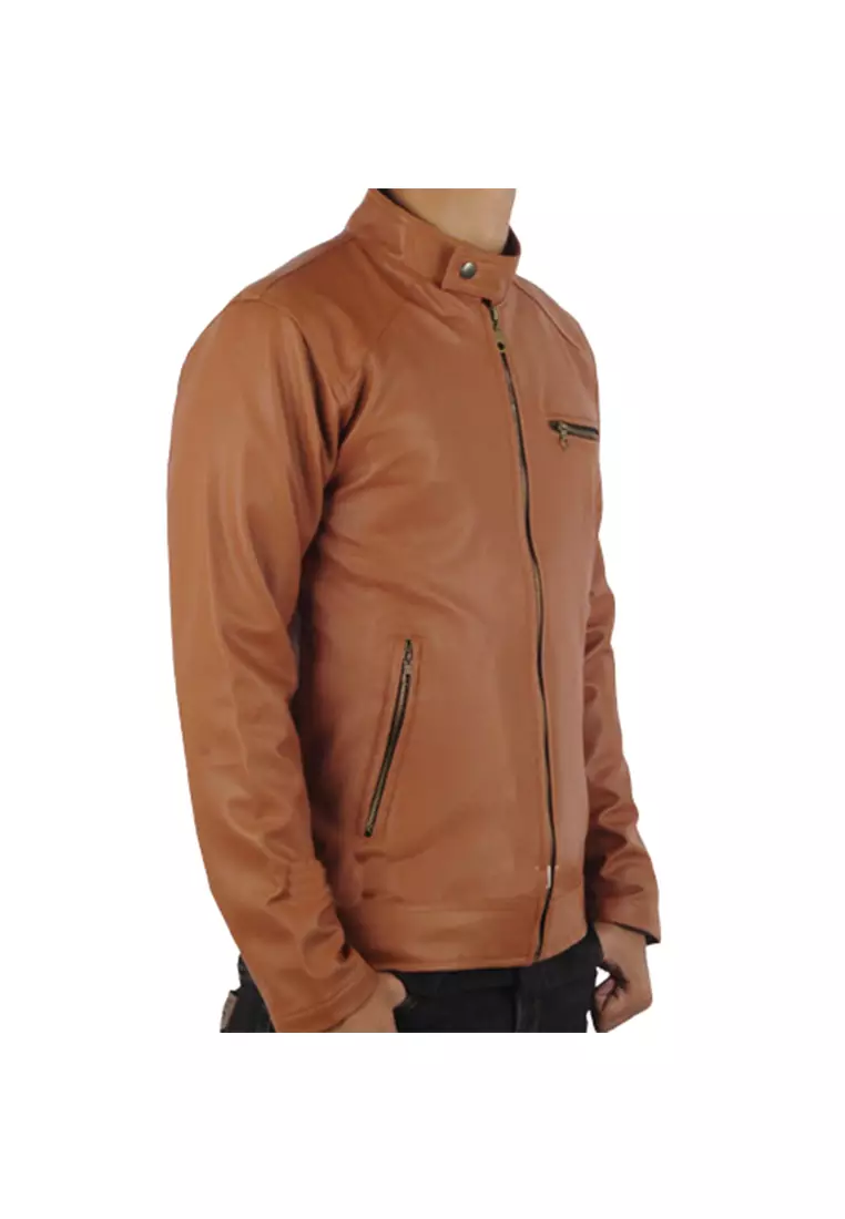 Clover Jaket Pria Elastis Mewah Casual Jacket Three Pockets Material Leather Kulit ORIGINAL - Brown