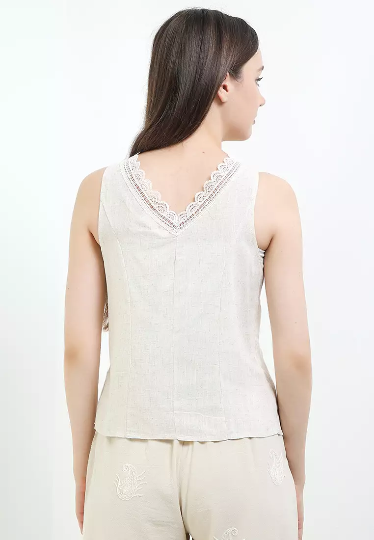Linen Vest W/ Lace Trim & Ribbon
