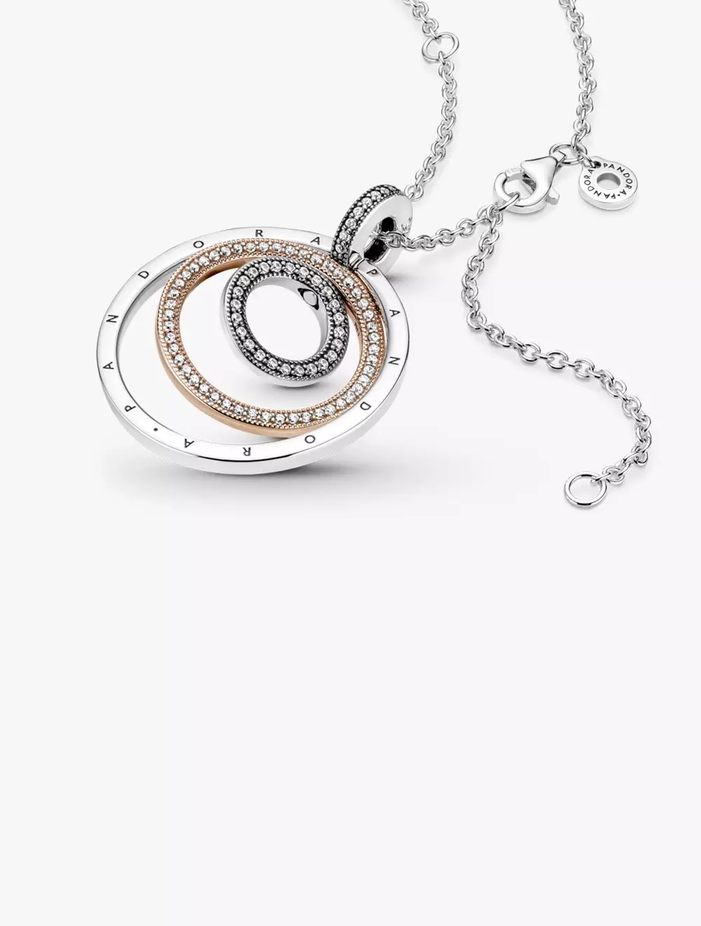 Pandora logo interlocking circles sterling silver and Pandora Rose pendant with clear cubic zirconia and necklace