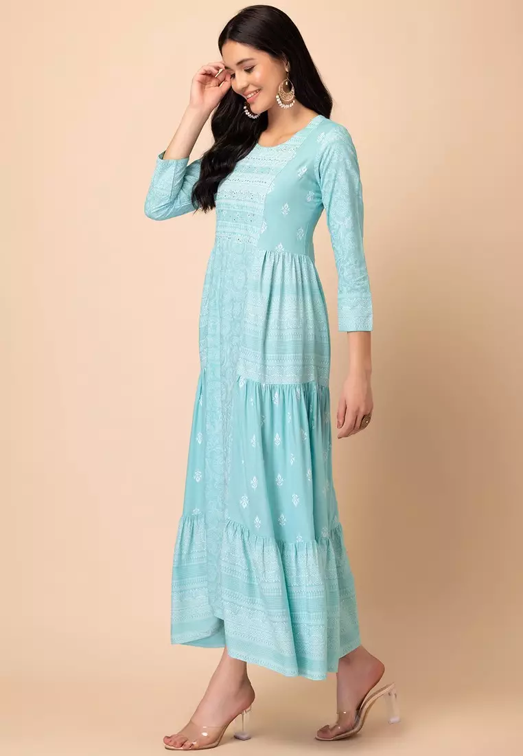 Light Blue Floral Print Rayon Tiered Dress