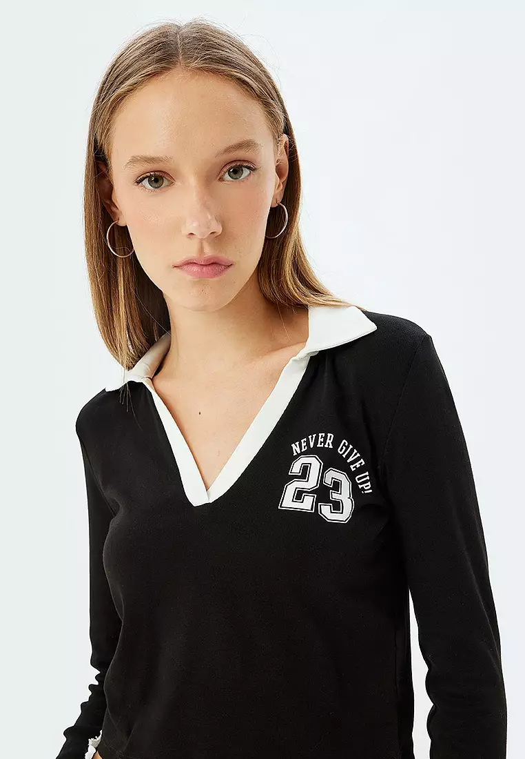 Polo Neck T-Shirt Crop Long Sleeve College Printed Piping Slim Fit