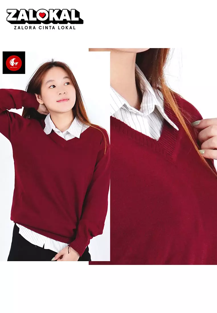 OKECHUKU Vanessa Sweater Rajut / Sweter Knit Wanita Tangan Panjang / Switer Leher V Basic Polos