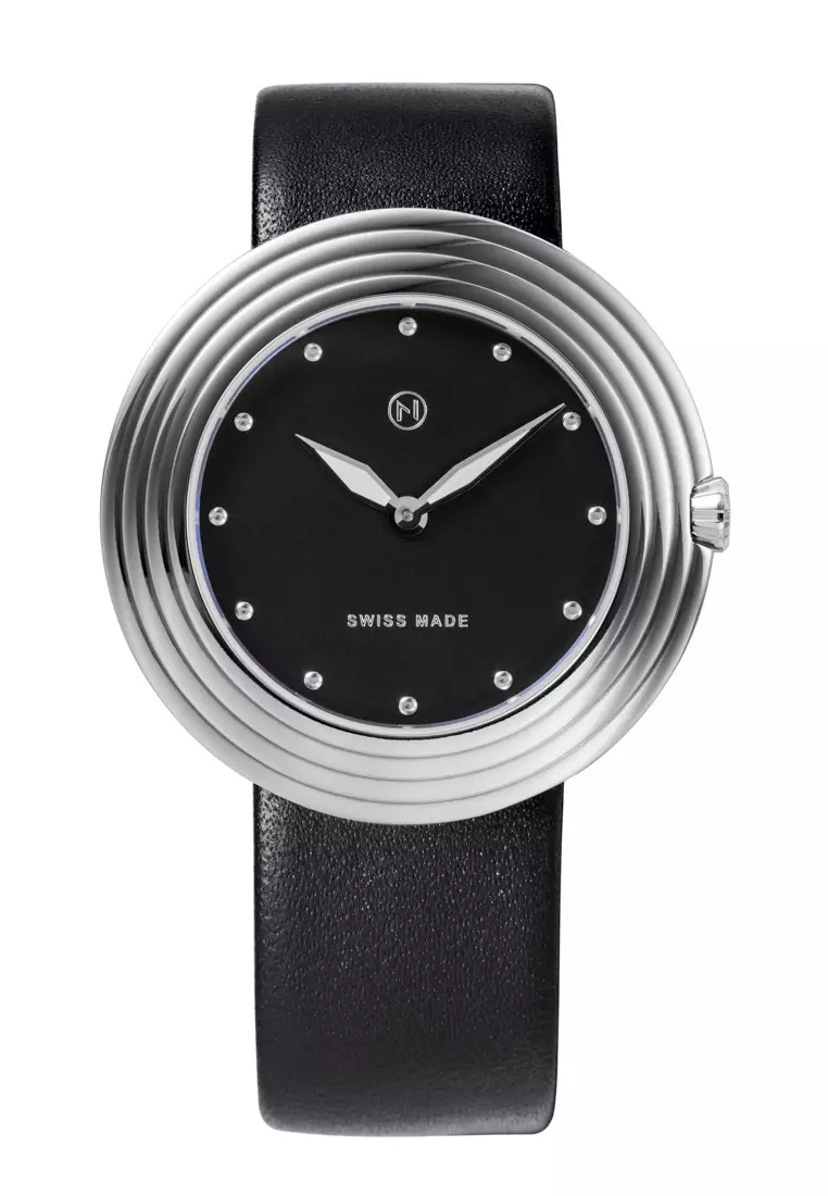 NOVE Streamliner Swiss Made Quartz Leather Watch for Men 46mm Black Silver A001-01
