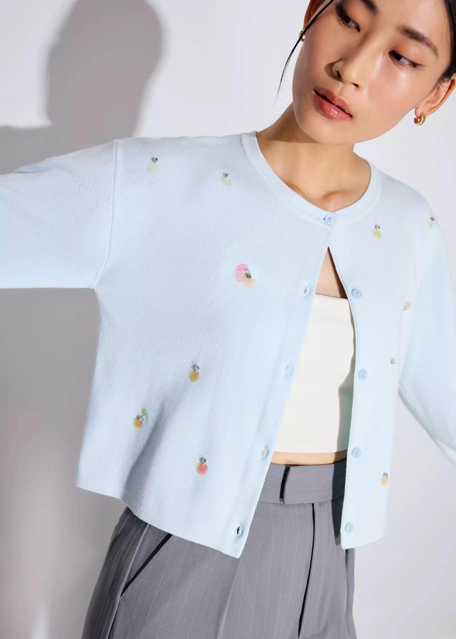 Cardigan Wanita - Relaxed Embellished Round Neck Cardigan