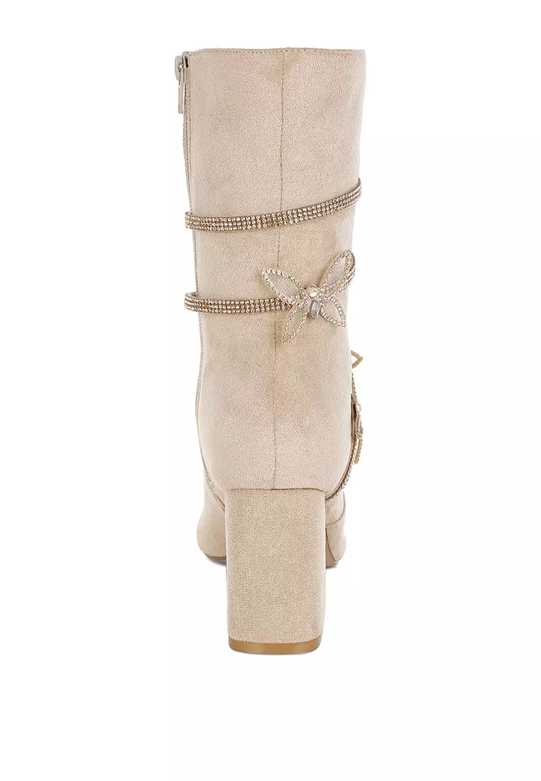 Rhinestone Brooch Wrap-Around Boots In Beige