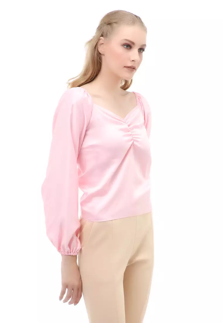 Cheva Blouse Casual Wanita Sabrina Kerut Dada Lengan Panjang Material Satin ORIGINAL - Pink