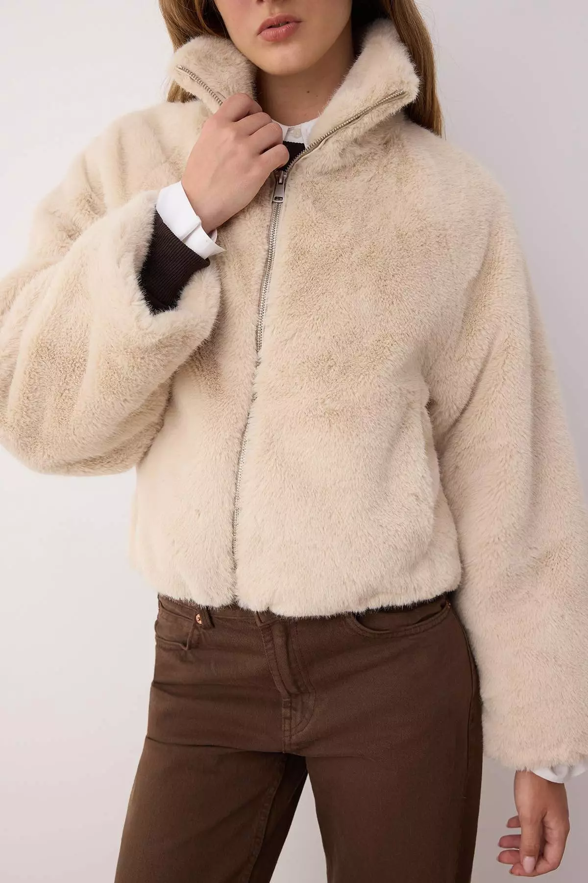 Ecru Oversize Pattern Sleeves Wide Fur Coat Twoaw26Mo22