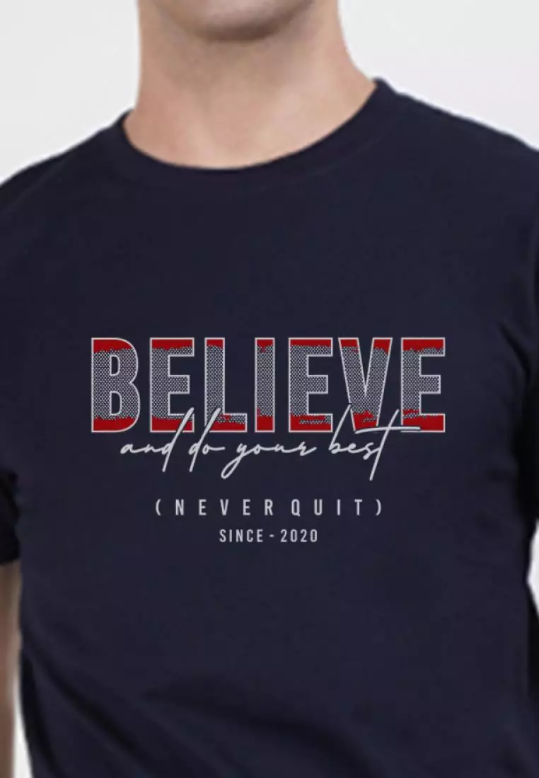 Believe 印花海军蓝色棉质短袖圆领休闲 T 恤