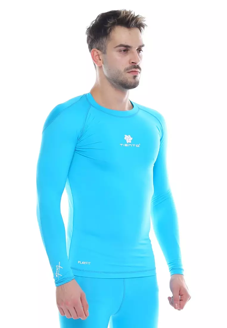 Tiento Man Baselayer Baju Ketat Manset Olahraga Pria Long Sleeve Turkis Rashguard Sport Original
