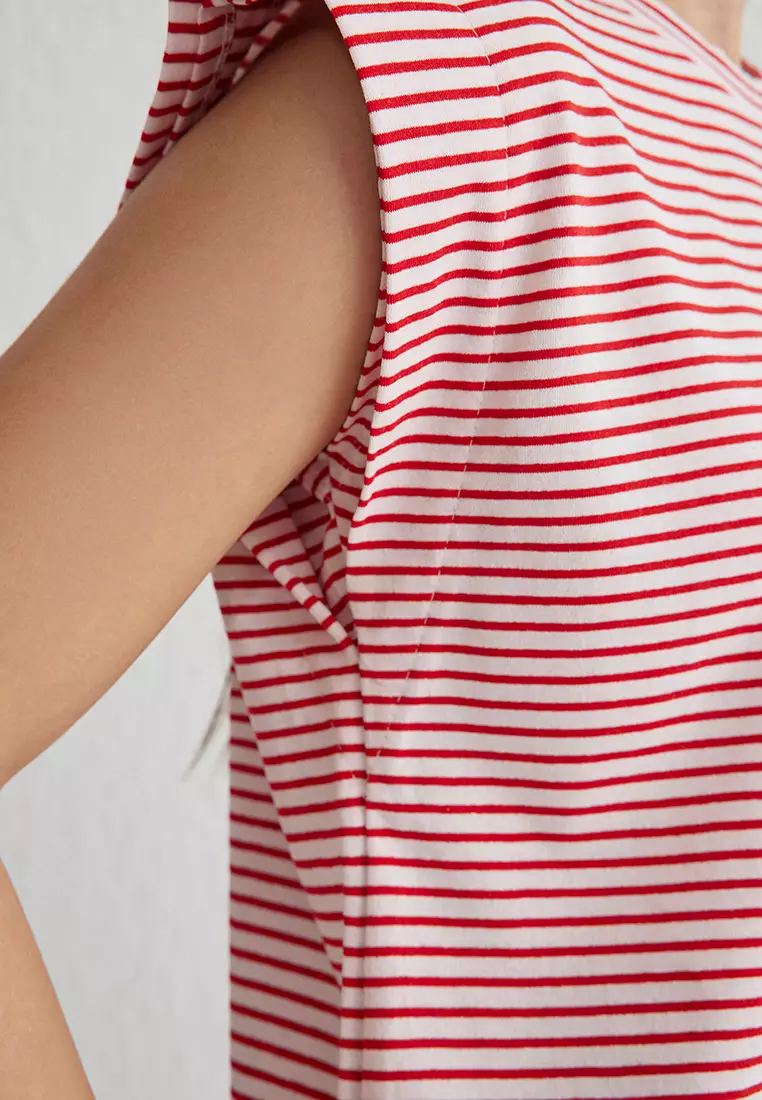 Red Striped Striped Padded Look Basic Crew Neck Knitted T-Shirt
