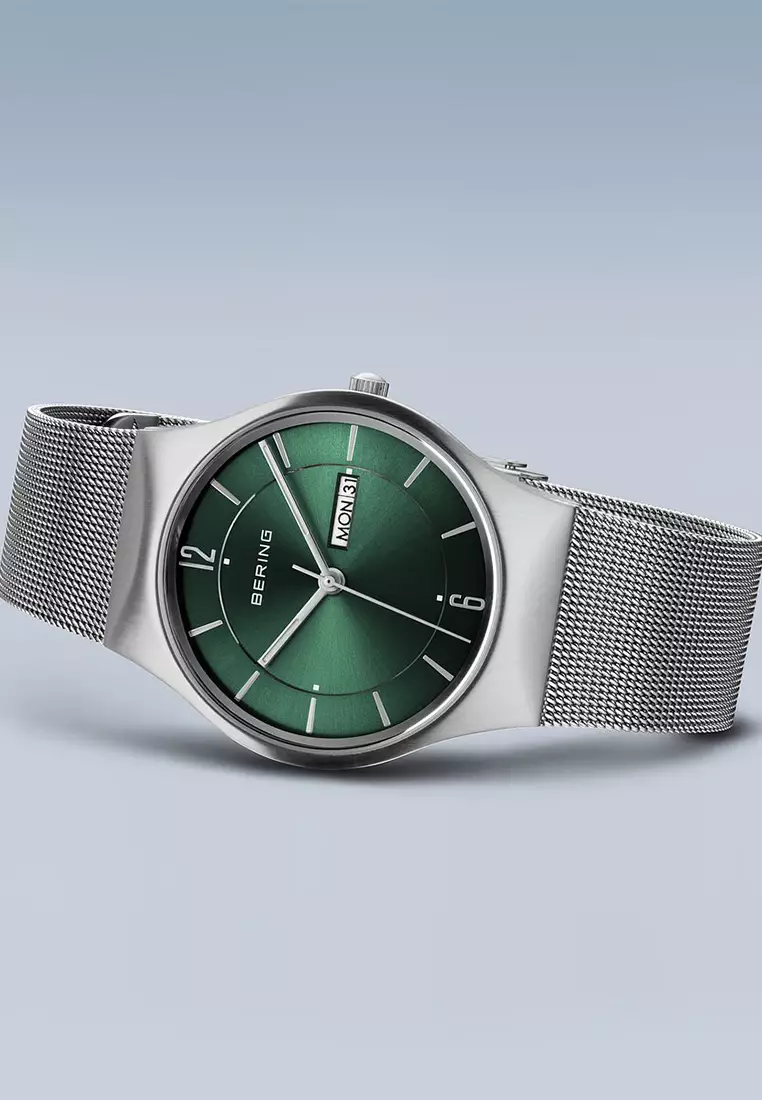 Men's Stainless Steel Mesh Bracelet and Green Dial Quartz Watch - 11938-008DD