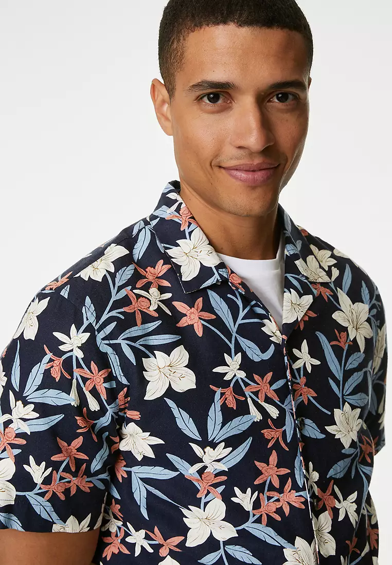 Easy Iron Linen Blend Hawaiian Printed Shirt