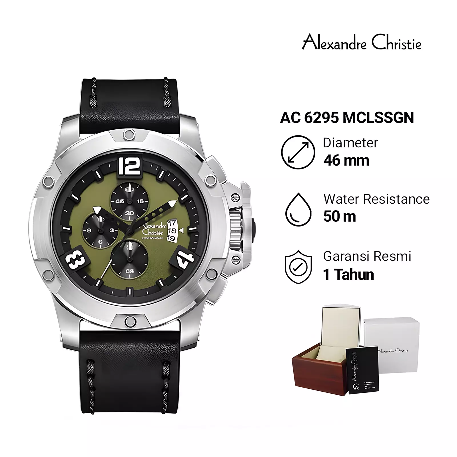 Jam Tangan Chronograph Pria - Silver Green - Black Leather Strap - 6295 MCLSSGN