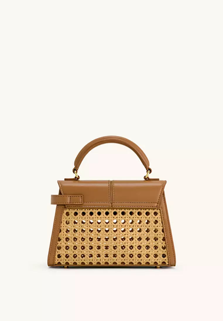 Elise Faux Bamboo Woven Top Handle Bag - Brown