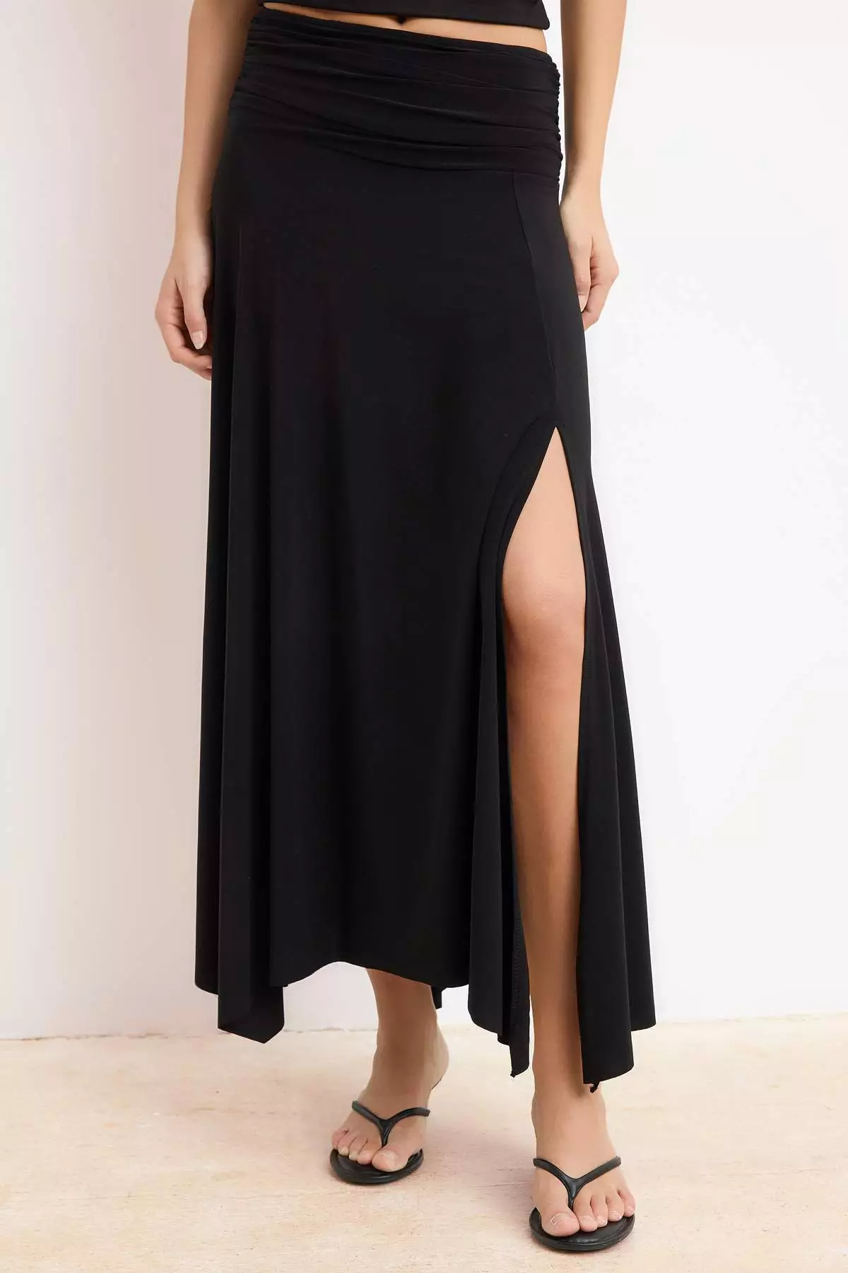 Black Waist Detailed Slit Stretchy Knitted Maxi Skirt Twoss25Et68