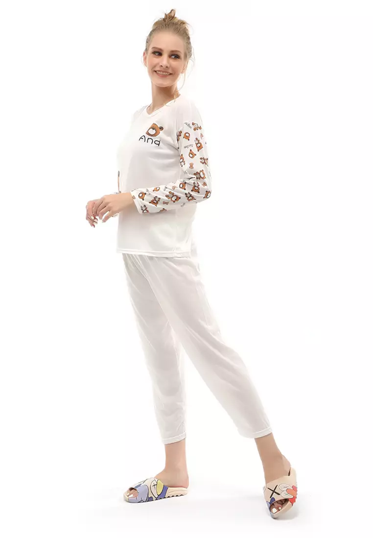 Vance Setelan Piyama Baju Tidur Wanita Lengan Panjang Motif And Bear Material Cotton ORIGINAL - White Cream