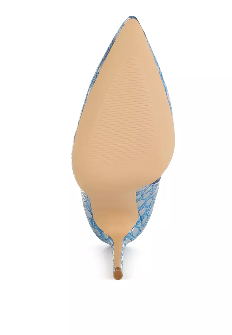 Sepatu bot hak stiletto timbul berwarna biru