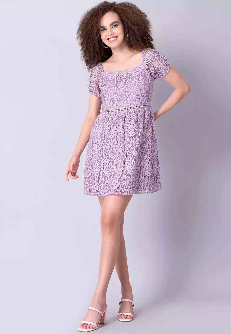 Lilac Lace Square Neck Trim Dress