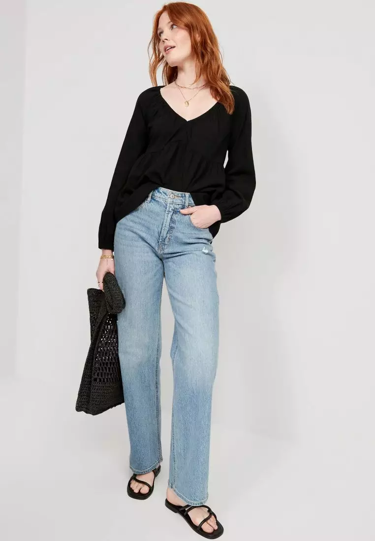 Long-Sleeve V-Neck Crinkled Boho Top for Women