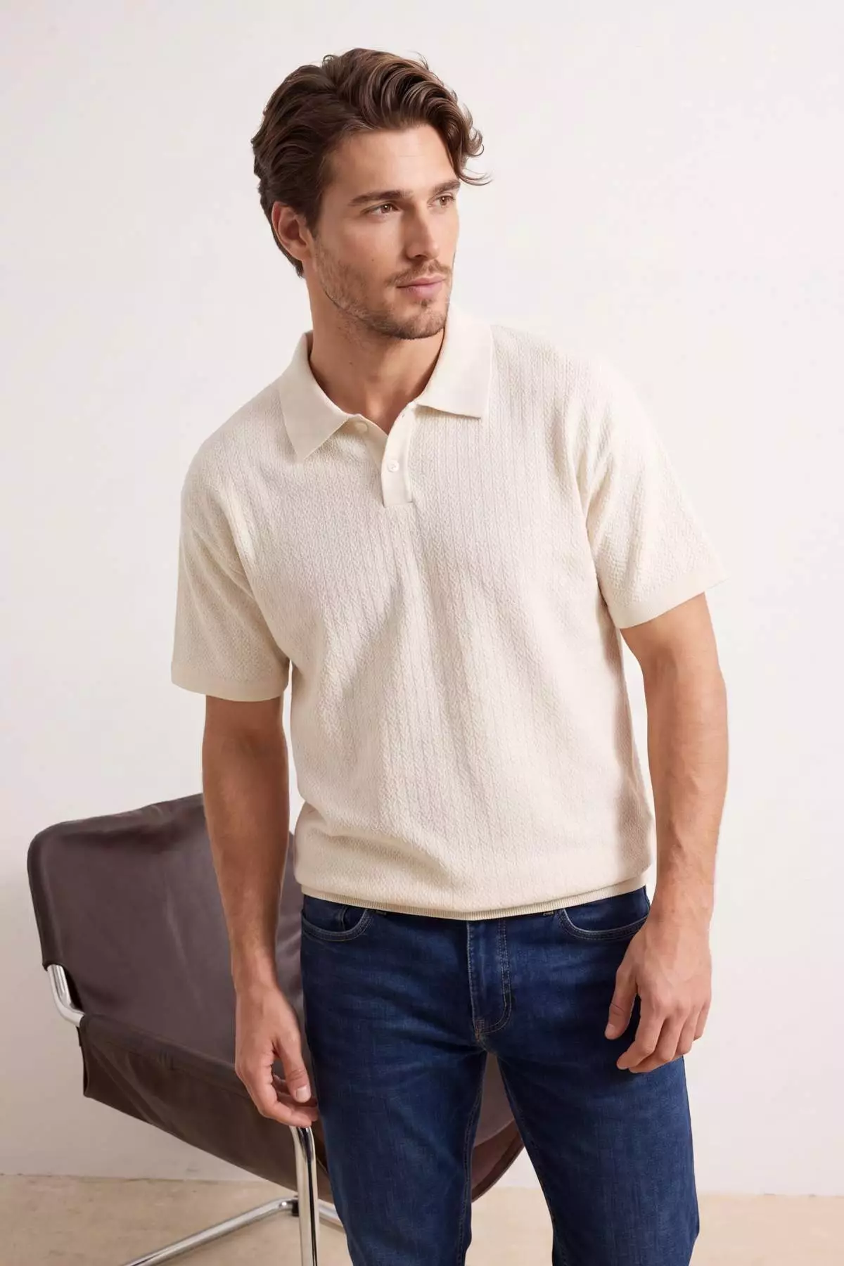 Buy Trendyol Ecru Oversized /Wide Cut Textured Polo Neck T-Shirt ...