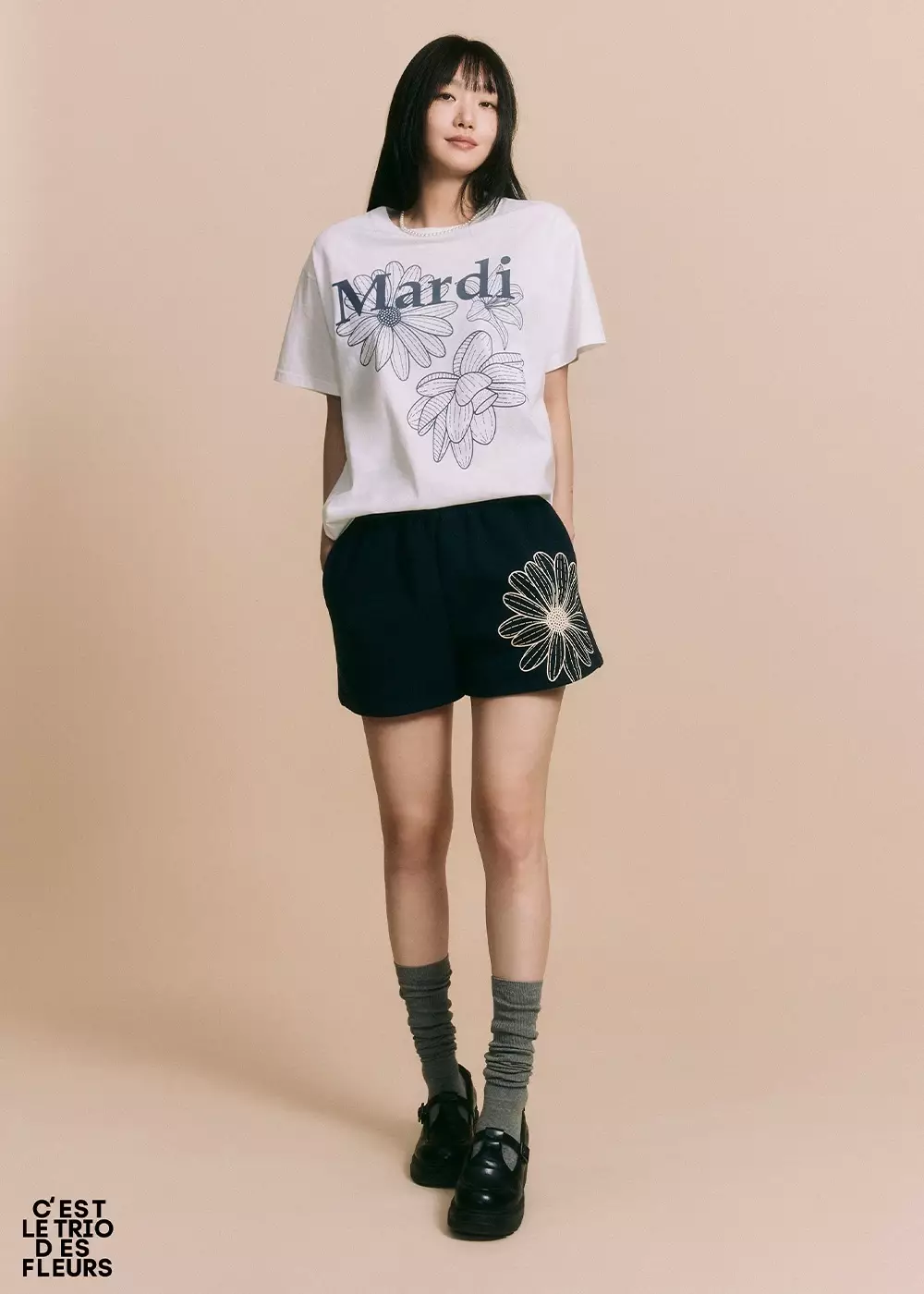 Tshirt TRIPLE FLOWER Ivory Navy