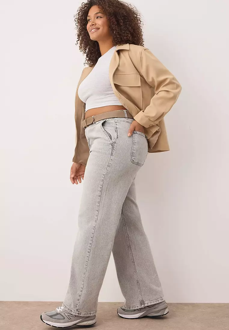 Gray High Waist Wide Leg Plus Size Jeans Tbbss24Cj00048