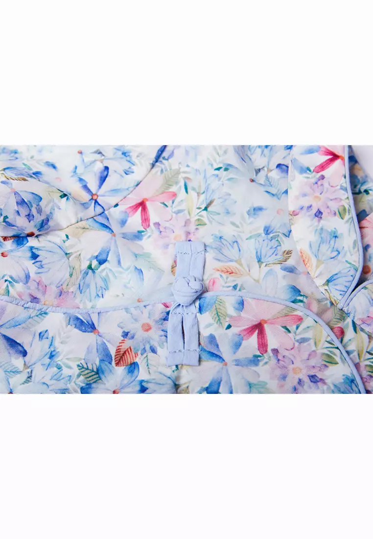 女童藍色粉色碎花雙蝴蝶結短漢服唐裝紗裙公主裙新年拜年衣服