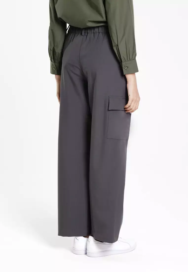 Forest Ladies Pleated Cargo Long Pants Women Wide Leg Pants | Seluar Panjang Perempuan - 810550-03DkGrey