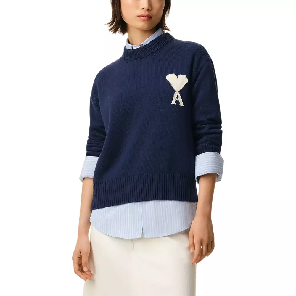 Ami De Coeur Wool and Cotton Crewneck Sweater Ink/Off White