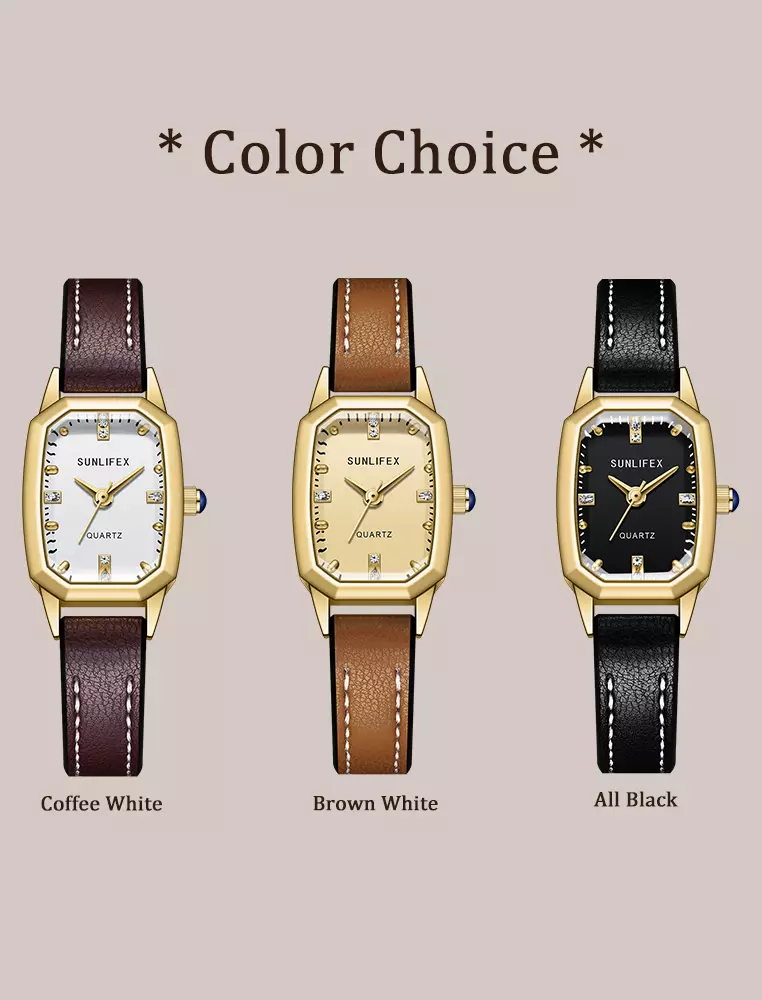 Jam Tangan Wanita Mode Tali Kulit Gaya retro Korea Berlian Jam Tangan Cewek coffee white