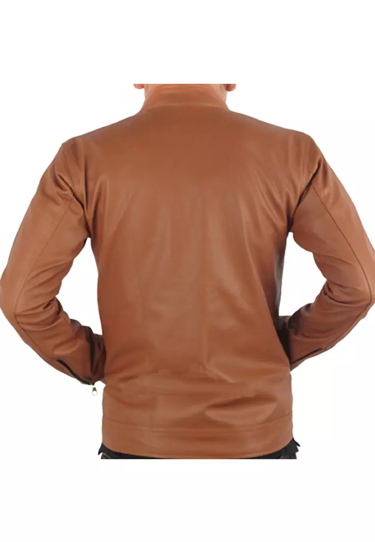 Clover Jaket Pria Elastis Mewah Casual Jacket Three Pockets Material Leather Kulit ORIGINAL - Brown
