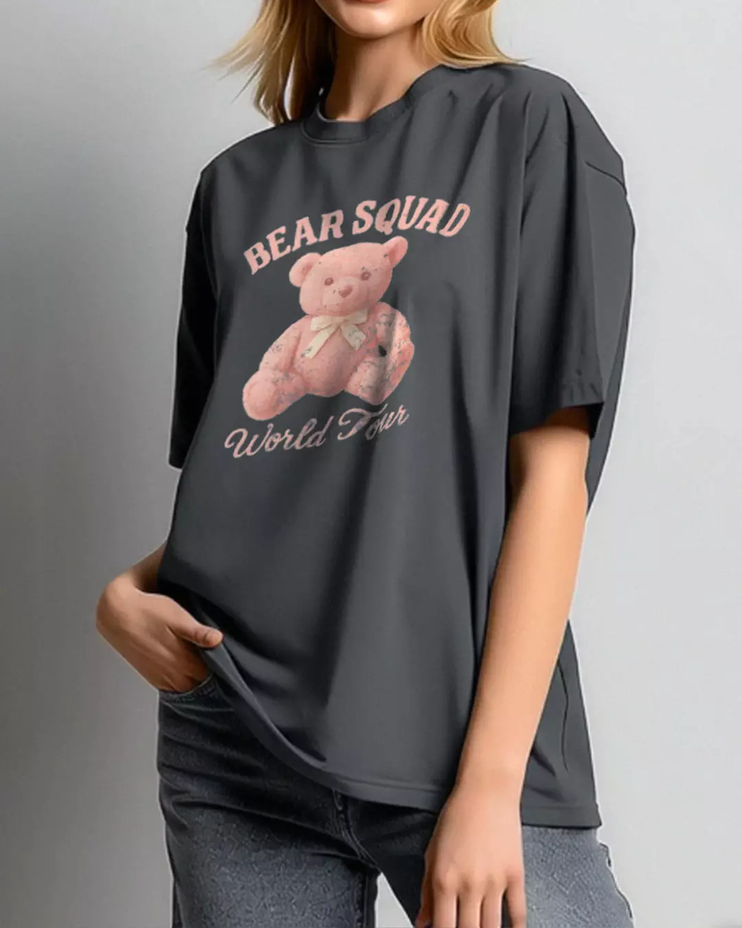LTH15 kaos oversize wanita dark grey washing efek grunge "bear squad"