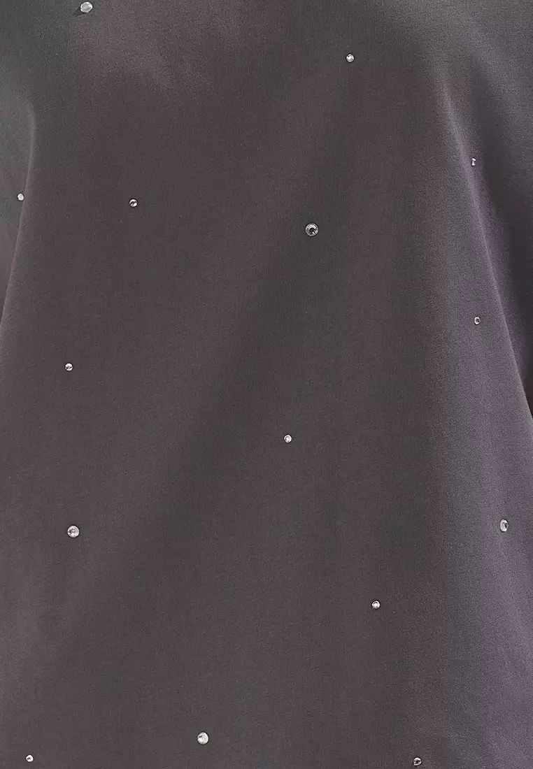 Anthracite 100% Cotton Stone Detail Relaxed/Wide Comfortable Cut Crew Neck Knitted T-Shirt TWOSS23TS00153